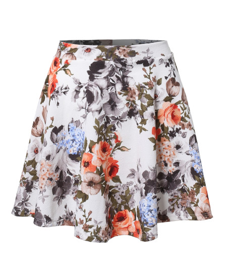 Women's Floral Elasticized Waistband Swing Skater A-Lined Skirt