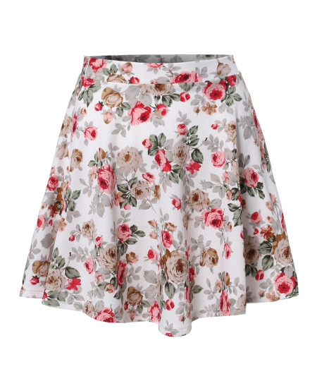 Women's Floral Elasticized Waistband Swing Skater A-Lined Skirt