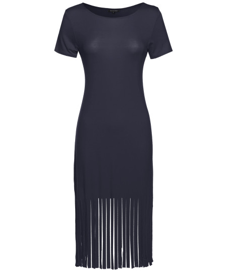 Women's Short Sleeve Midi Dress w/ Fringe