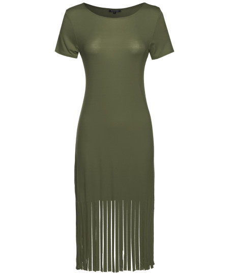 Women's Short Sleeve Midi Dress w/ Fringe