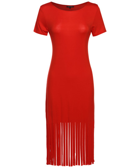 Women's Short Sleeve Midi Dress w/ Fringe