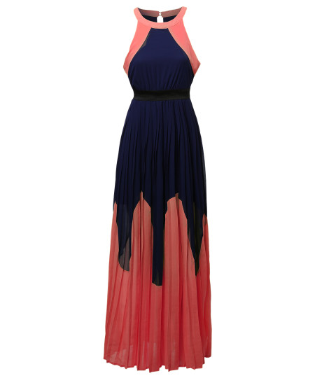 Women's Color Block Pleated Maxi Dress 