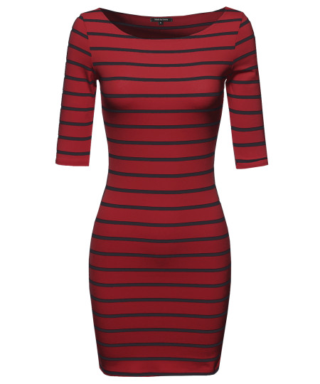 Women's Basic Every Day Boat Neck Stripe 3/4 Sleeve Dress