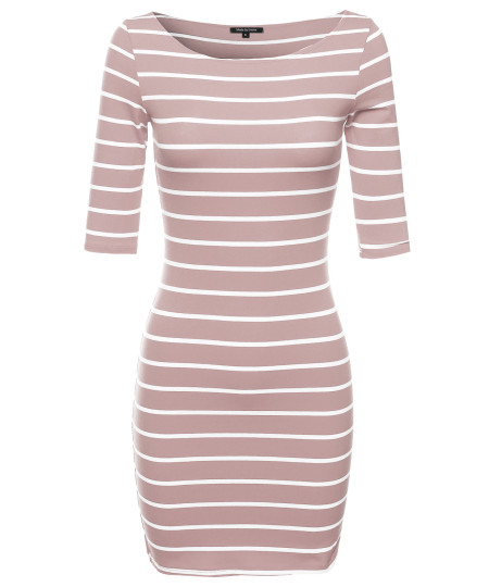 Women's Basic Every Day Boat Neck Stripe 3/4 Sleeve Dress