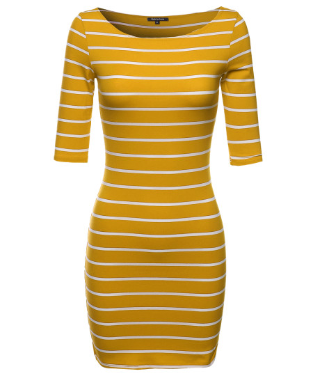 Women's Basic Every Day Boat Neck Stripe 3/4 Sleeve Dress