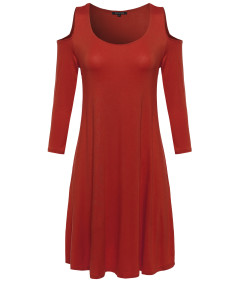 Women's Solid Cold Shoulder 3/4 Sleeves Swing Mini Jersey Dress