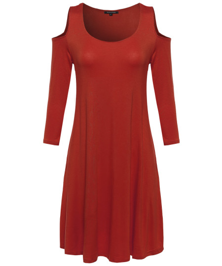 Women's Solid Cold Shoulder 3/4 Sleeves Swing Mini Jersey Dress