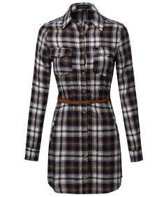 Women's Super Cute Flannel Plaid Checker Shirts Dress with Belt