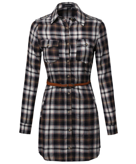 Women's Super Cute Flannel Plaid Checker Shirts Dress with Belt