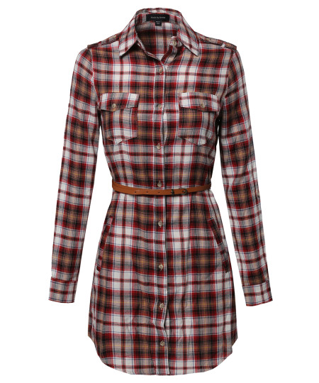 Women's Super Cute Flannel Plaid Checker Shirts Dress with Belt