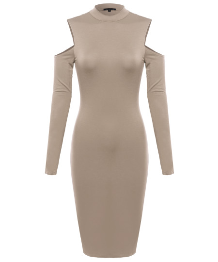 Women's Solid Cold Shoulder Mock Neck Mini Dress