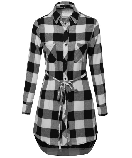 Women's Super Cute Flannel Plaid Checker Shirts Dress with Belt