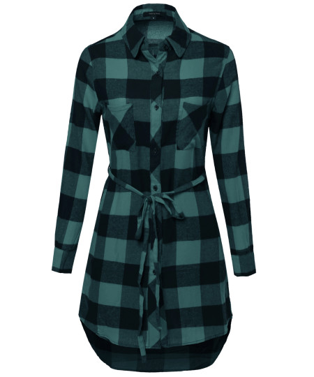 Women's Super Cute Flannel Plaid Checker Shirts Dress with Belt