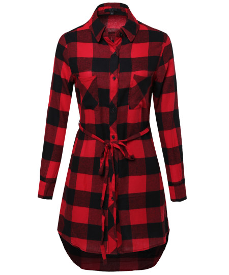 Women's Super Cute Flannel Plaid Checker Shirts Dress with Belt