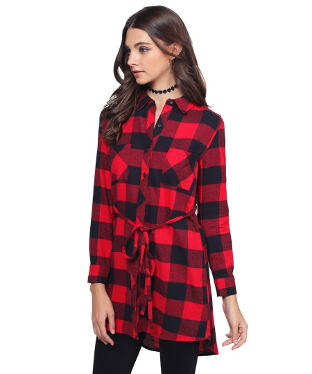 Women's Super Cute Flannel Plaid Checker Shirts Dress with Belt