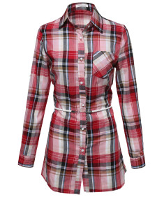 Women's Super Cute Flannel Plaid Checker Shirts Dress with Belt