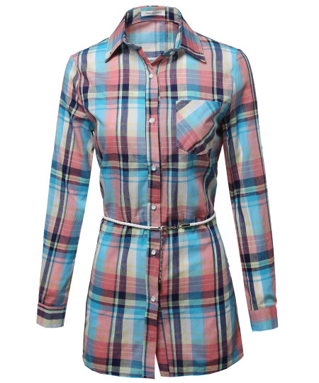 Women's Super Cute Flannel Plaid Checker Shirts Dress with Belt