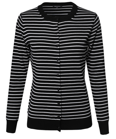 Women's Fine Quality Long Sleeve Round Neck Stripe Cardigan