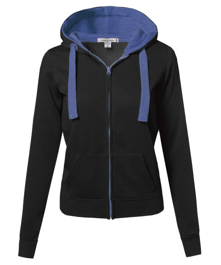 Women's Basic Contrasting Color Zip-Up Hoodie 