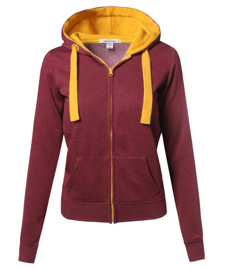 Women's Basic Contrasting Color Zip-Up Hoodie 