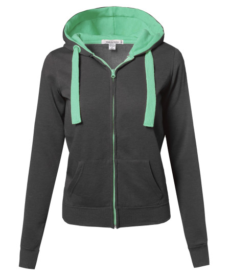 Women's Basic Contrasting Color Zip-Up Hoodie 