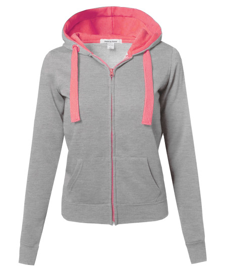 Women's Basic Contrasting Color Zip-Up Hoodie 