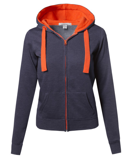 Women's Basic Contrasting Color Zip-Up Hoodie 