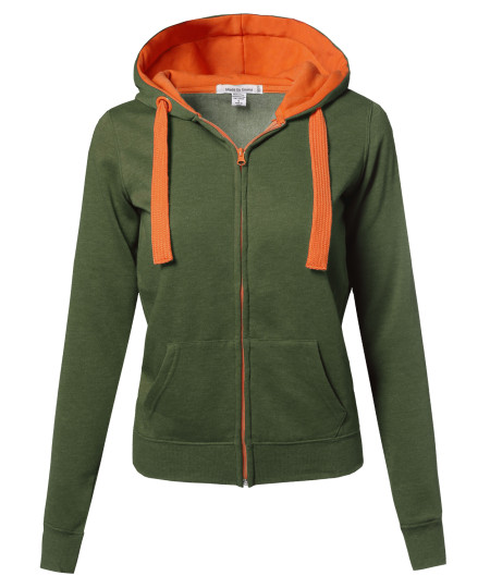 Women's Basic Contrasting Color Zip-Up Hoodie 