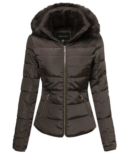 Women's Classic Ribbed Puffer With Fur Lining and Detachable Hood