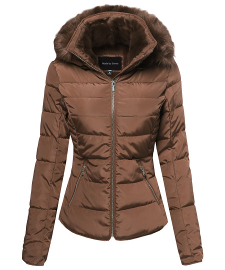 Women's Classic Ribbed Puffer With Fur Lining and Detachable Hood