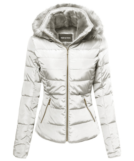 Women's Classic Ribbed Puffer With Fur Lining and Detachable Hood