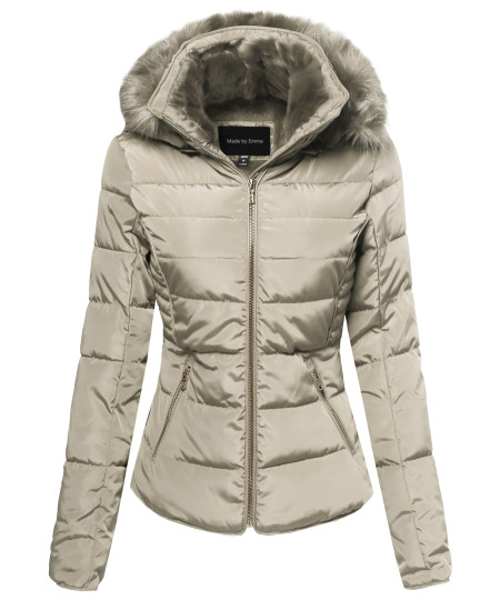 Women's Classic Ribbed Puffer With Fur Lining and Detachable Hood