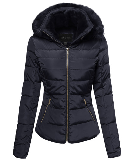 Women's Classic Ribbed Puffer With Fur Lining and Detachable Hood