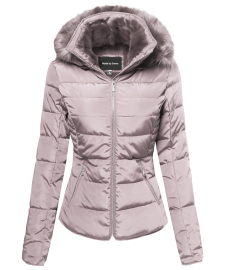 Women's Classic Ribbed Puffer With Fur Lining and Detachable Hood