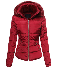 Women's Classic Ribbed Puffer With Fur Lining and Detachable Hood