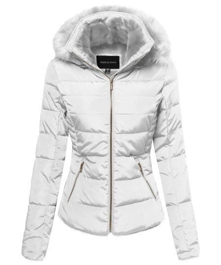 Women's Classic Ribbed Puffer With Fur Lining and Detachable Hood