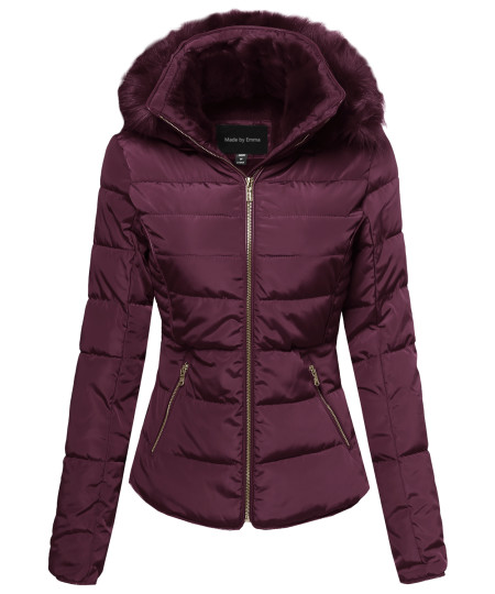 Women's Classic Ribbed Puffer With Fur Lining and Detachable Hood