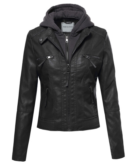 Women's Faux Leather Rider Jacket With Detachable Hood