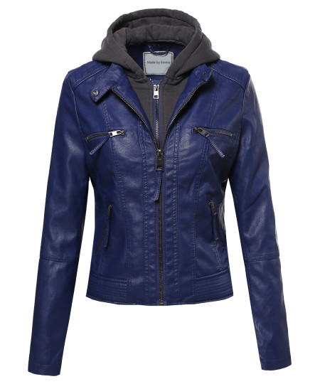 Women's Faux Leather Rider Jacket With Detachable Hood