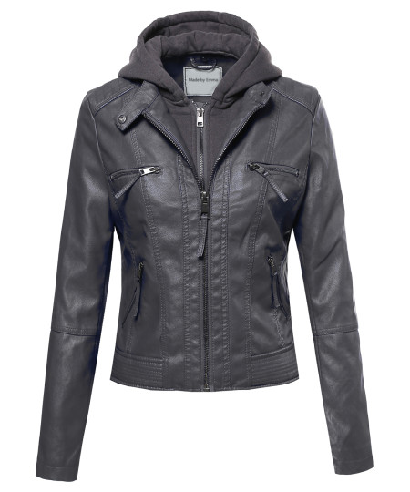 Women's Faux Leather Rider Jacket With Detachable Hood