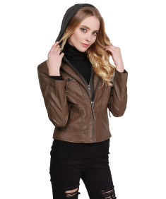 Women's Faux Leather Rider Jacket With Detachable Hood