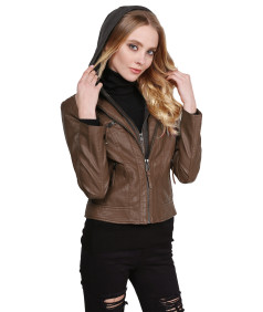 Women's Faux Leather Rider Jacket With Detachable Hood