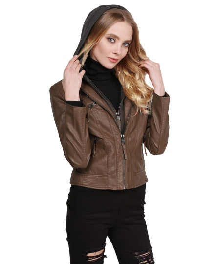 Women's Faux Leather Rider Jacket With Detachable Hood