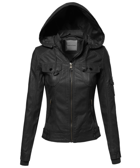 Women's Faux Leather Jacket With Detachable Hood