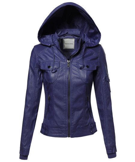 Women's Faux Leather Jacket With Detachable Hood