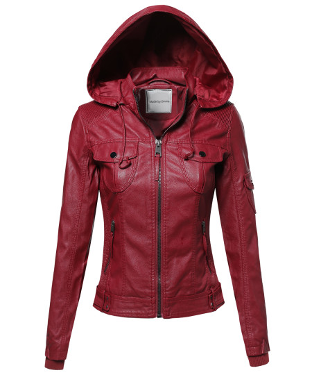 Women's Faux Leather Jacket With Detachable Hood