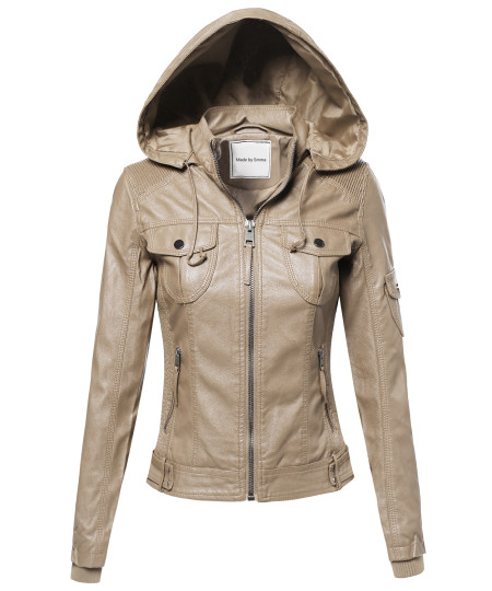 Women's Faux Leather Jacket With Detachable Hood