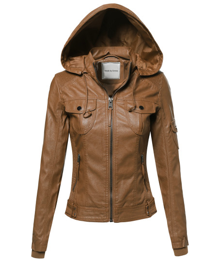 Women's Faux Leather Jacket With Detachable Hood