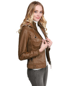 Women's Faux Leather Jacket With Detachable Hood