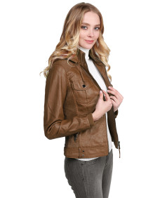 Women's Faux Leather Jacket With Detachable Hood